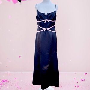 💖 Dave & Johnny Vtg Black Satin Maxi Dress with Pink Ribbon Accent, Size 10